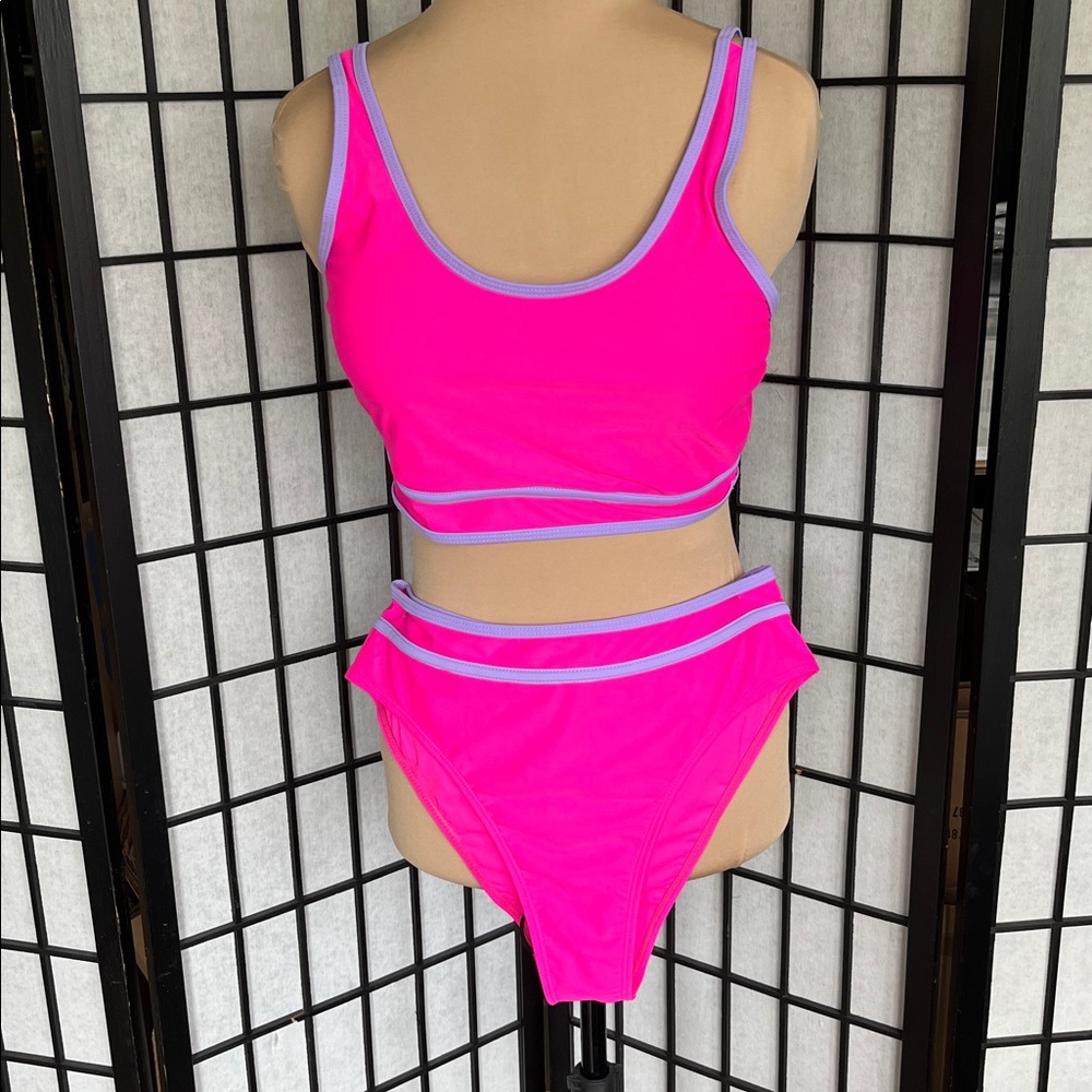 Moshu Bright Pink Two-Piece Bikini with Lavender Trim L